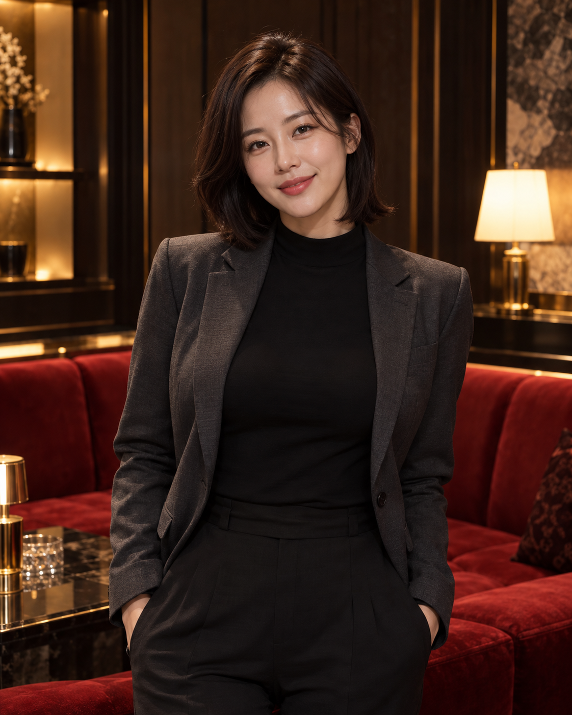 차콜 재킷을 입고 라운지에서 미소 짓는 성인 광고 모델